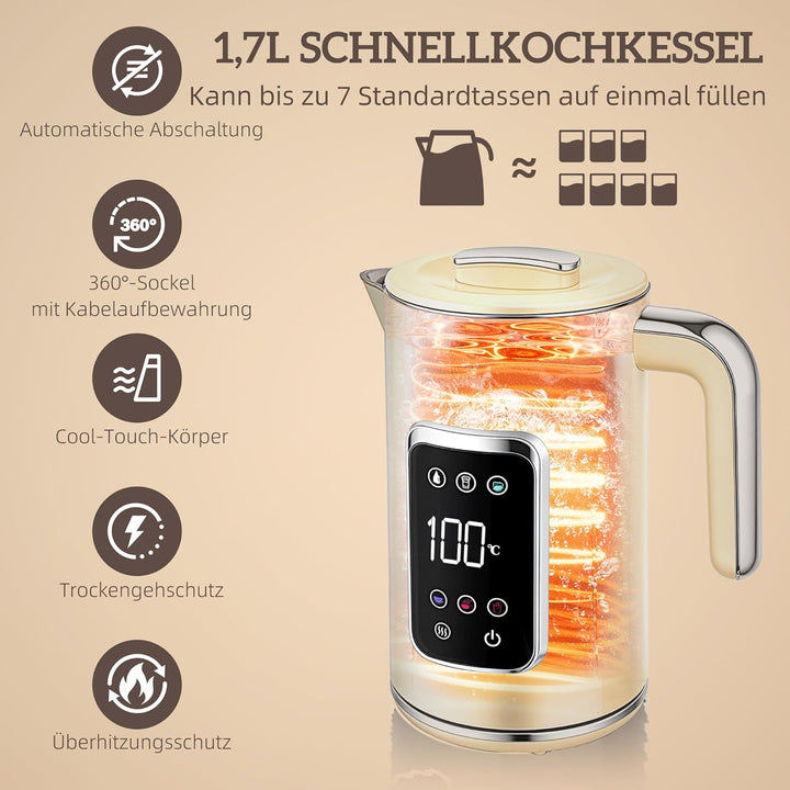 HOMCOM Wasserkocher Toaster Set 1,7L Edelstahl Wasserkocher 2 Scheiben Toaster mit 6 Bräunungsstufen