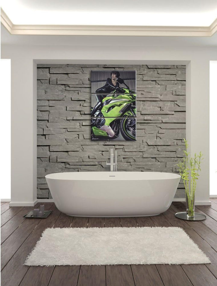 Pixxprint Sexy Neongrünes Bike mit Model 3Teiler 120x80 cm Leinwandbild Wandbild Kunstdruck