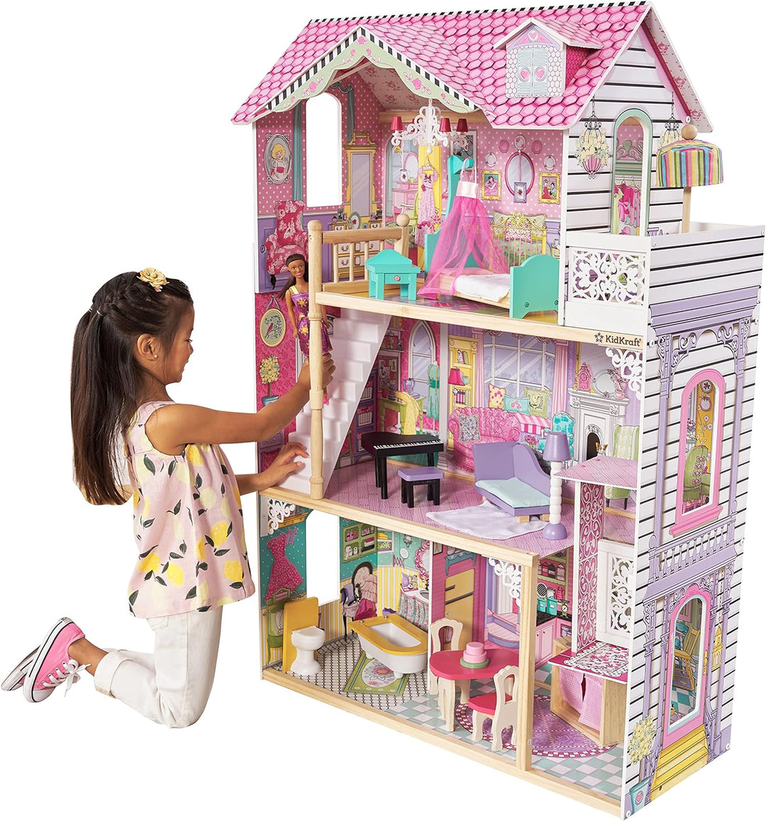 KidKraft Annabelle Puppenhaus aus Holz mit Möbeln und Zubehör, Spielset mit Aufzug und Balkon für 30