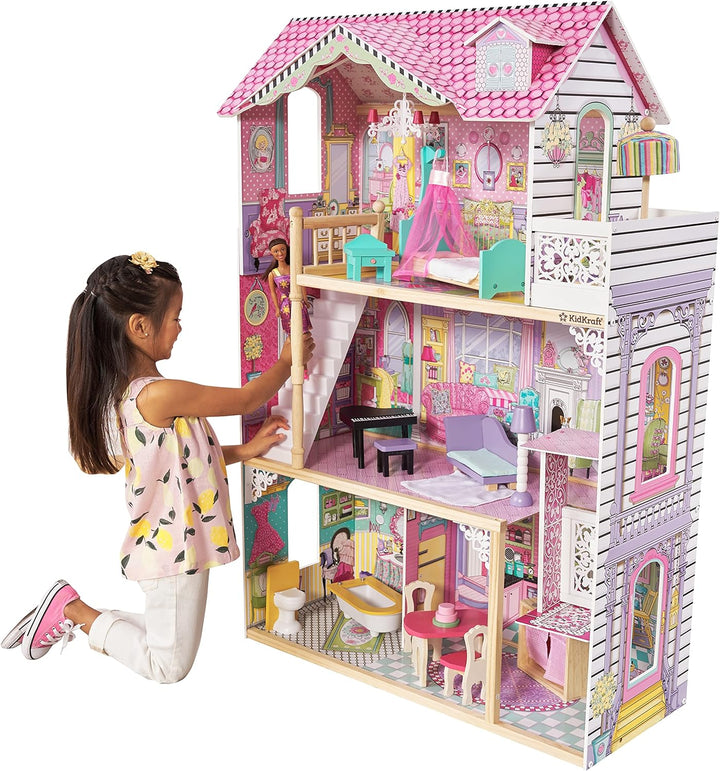 KidKraft Annabelle Puppenhaus aus Holz mit Möbeln und Zubehör, Spielset mit Aufzug und Balkon für 30