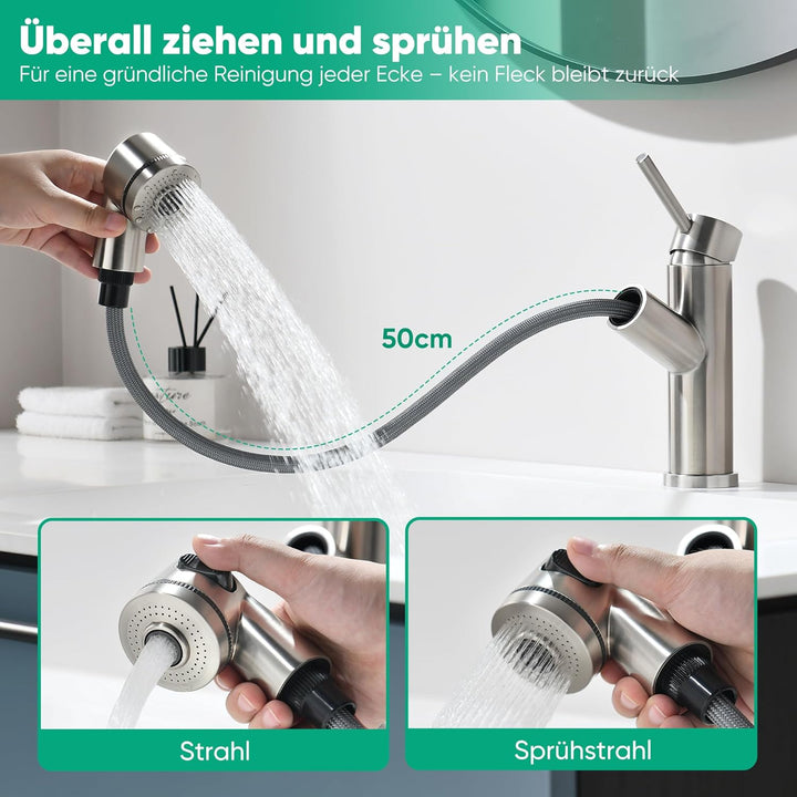 Waschbeckenarmatur mit ausziehbarer Brause Edelstahl-Wasserhahn bad mit Warm- und Kaltwassermischer