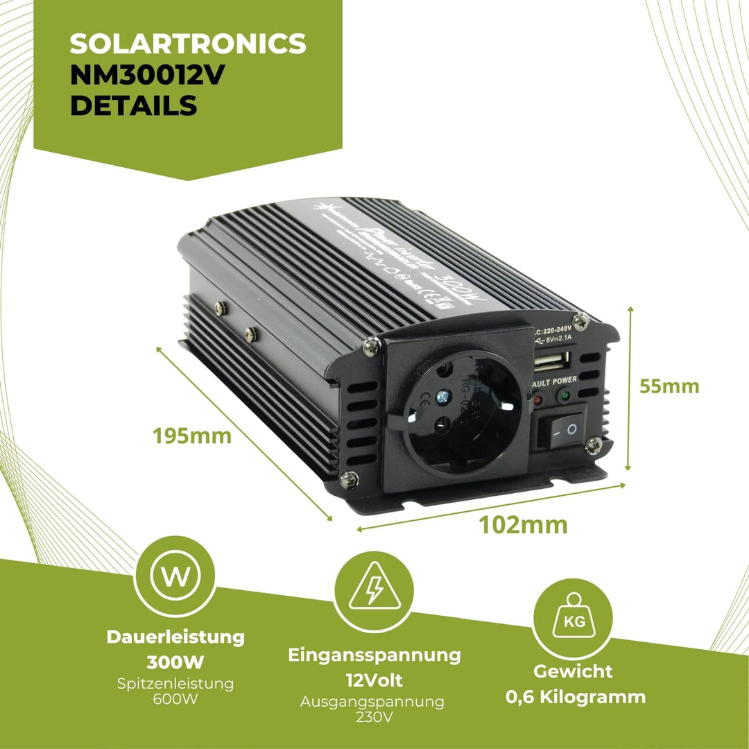 solartronics Spannungswandler Wechselrichter Intverter NM 300-5000 Watt 12V zu 230V schwarz USB Schu