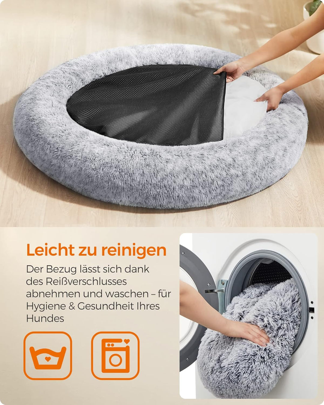 Feandrea Hundebett flauschig, Katzenbett, Donut Kissen, waschbar, Polsterung in der Mitte herausnehm