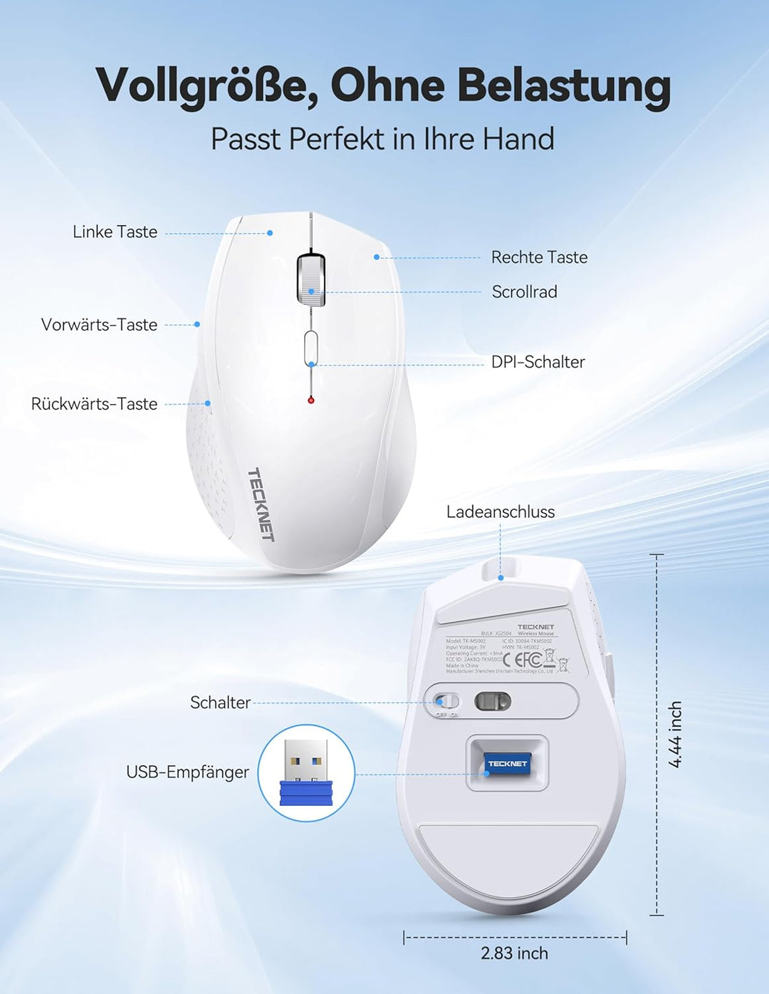 TECKNET PRO Kabellose Maus Wiederaufladbar, Silent Funkmaus 6400 DPI, 2,4 GHz Computermaus, Ergonomi