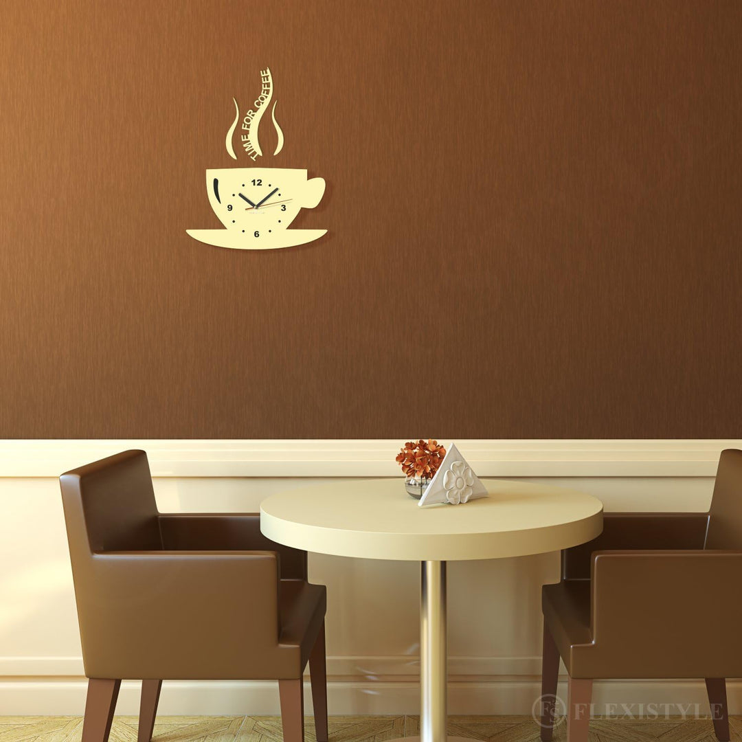 FLEXISTYLE Tasse Time for Coffee (Zeit für Kaffee) Moderne Küche Wanduhr, Vanille Ecru, 3D römisch,