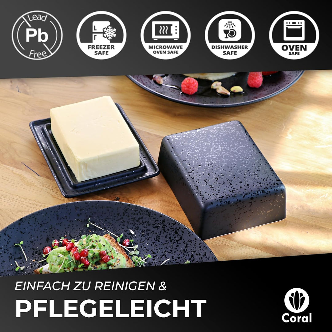 Coral - Butterdose Keramik in Schwarz für 250g Butter (14x12x6,5cm) - Design Butterschale & Butterbo