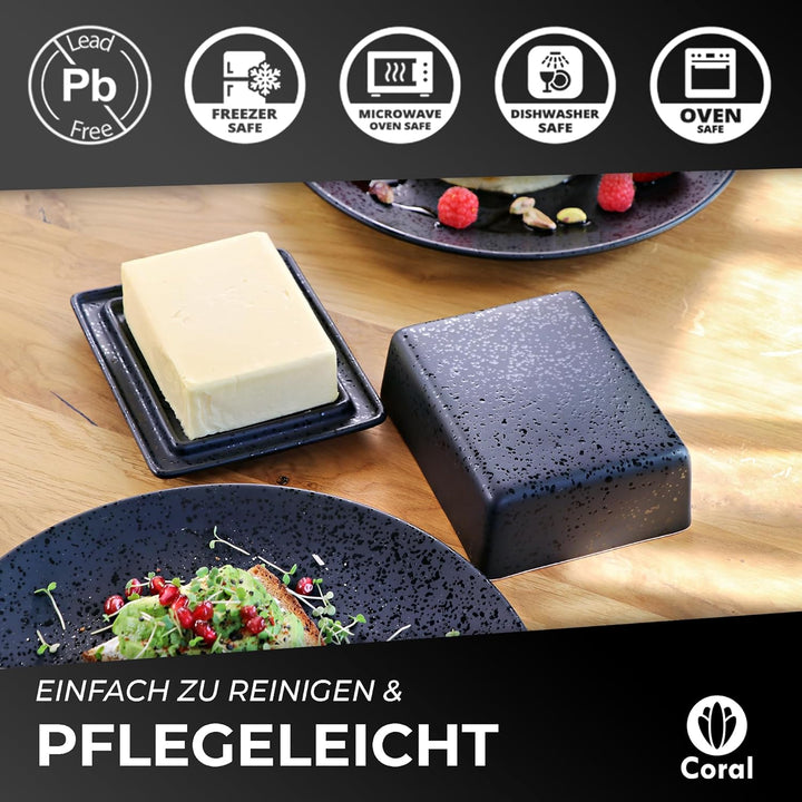 Coral - Butterdose Keramik in Schwarz für 250g Butter (14x12x6,5cm) - Design Butterschale & Butterbo