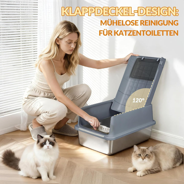 Edelstahl-Katzenklo mit Deckel, XXL Geschlossene Metall-Katzenklo, Katzentoiletten mit Schaufel und
