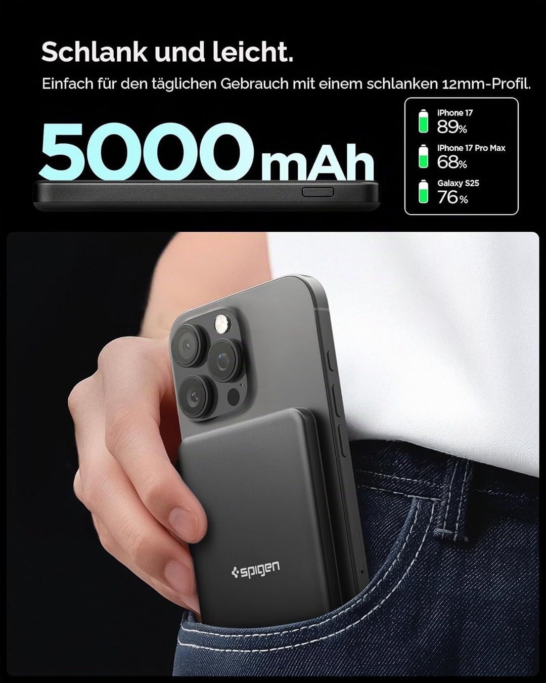 Spigen Essential Qi2 MagSafe Powerbank 5000mAh 22,5W Magnetische Kabellose Powerbank Ladegerät für i