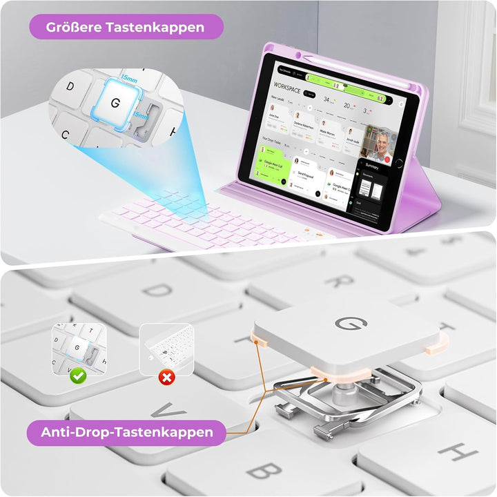 OYEEICE Hülle mit Tastatur für iPad 9/8 /7 Generation 10,2 Zoll, Vergrösserte Anti-Falloff Tastenkap