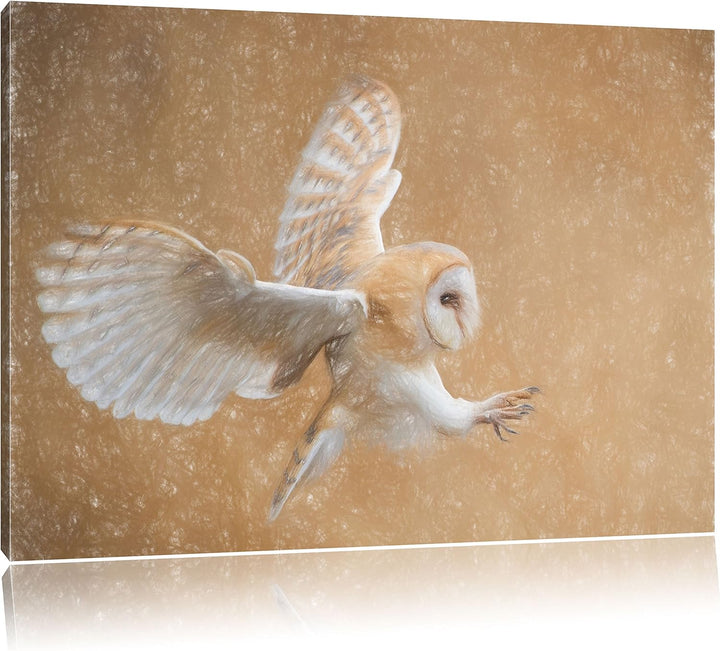 Pixxprint Fliegende Weisse Eule bei der Jagd Kunst Buntstift Effekt, Format: 100x70 auf Leinwand