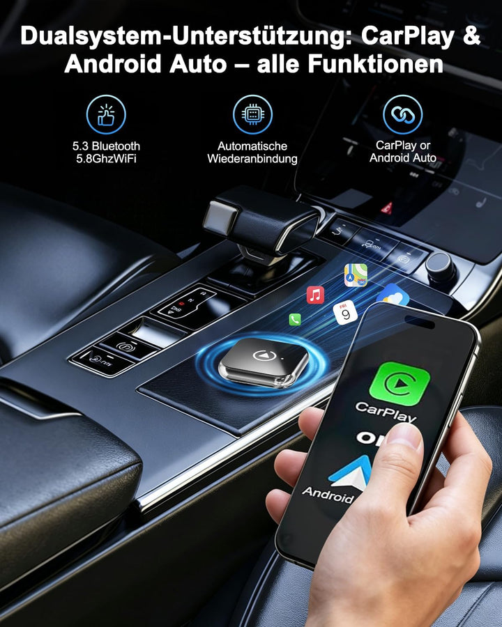 Wireless CarPlay Adapter, Upgrade 2 in 1 Mini Car Play Adapter für iPhone & Android, Plug & Play, Au