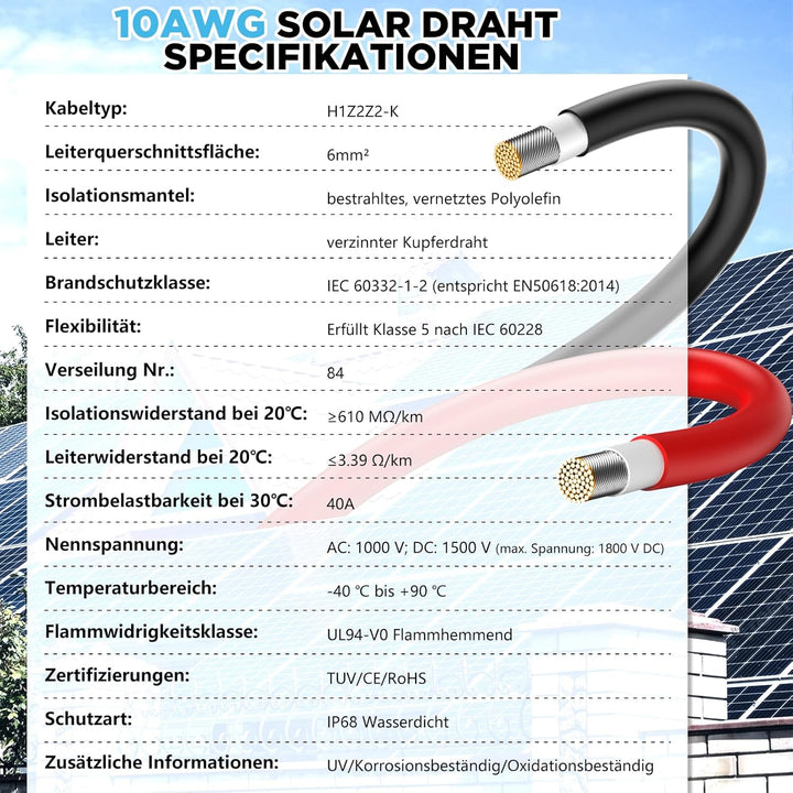 Oududianzi Solarkabel 6mm2 30m, PV Kabel 6mm2 30m, Solar Verlängerungskabel 6mm2 30m, Photovoltaik K