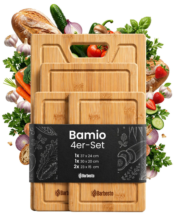 CLP Schneidebrett Bambus-Holz 4er Set Bamio, messerschonend und antibakteriell, extradicke Servierbr