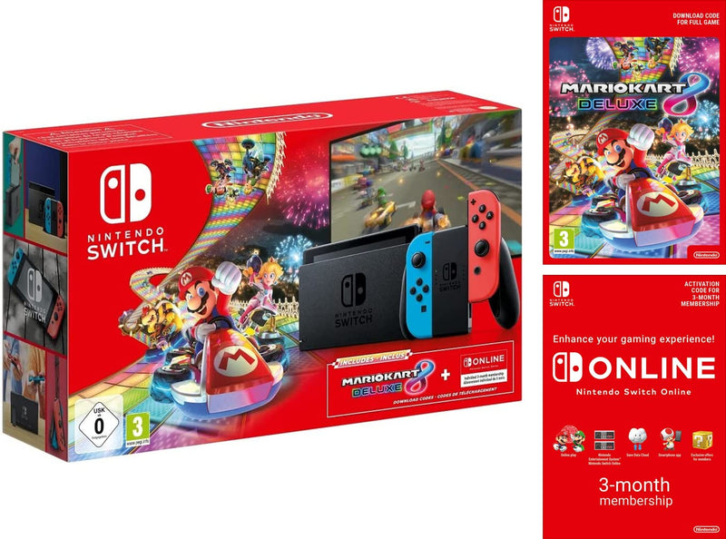 Nintendo Switch Neon Red/Neon Blue with Mario Kart 8 Deluxe and 3 Month Nintendo Switch Online Membe