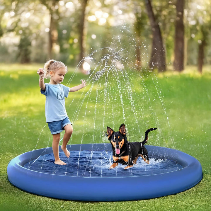 MERSJO Felix 100 Hundespielzeug Sprinklermatte, 100 cm, Blau, Wasserspritzmatte mit Fontäne für Hund