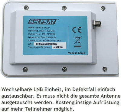 SELFSAT H22D+ Set - Single Flachantenne Full HD 4K UHD für einen Teilnehmer inkl. Fensterhalterung +