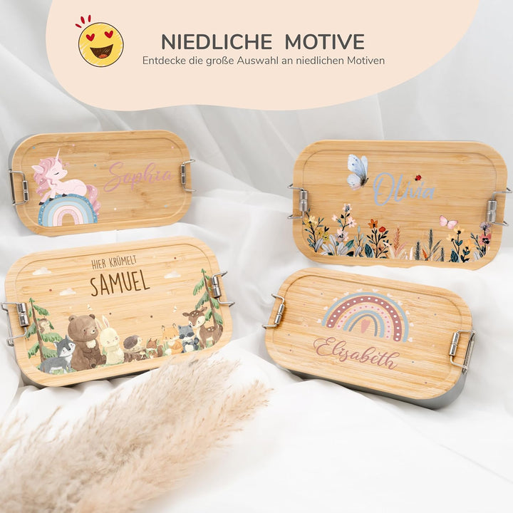 Kidsmood - Personalisierte Brotdose Kinder mit Fächern, Edelstahl Lunchbox mit Bambusdeckel | Schads