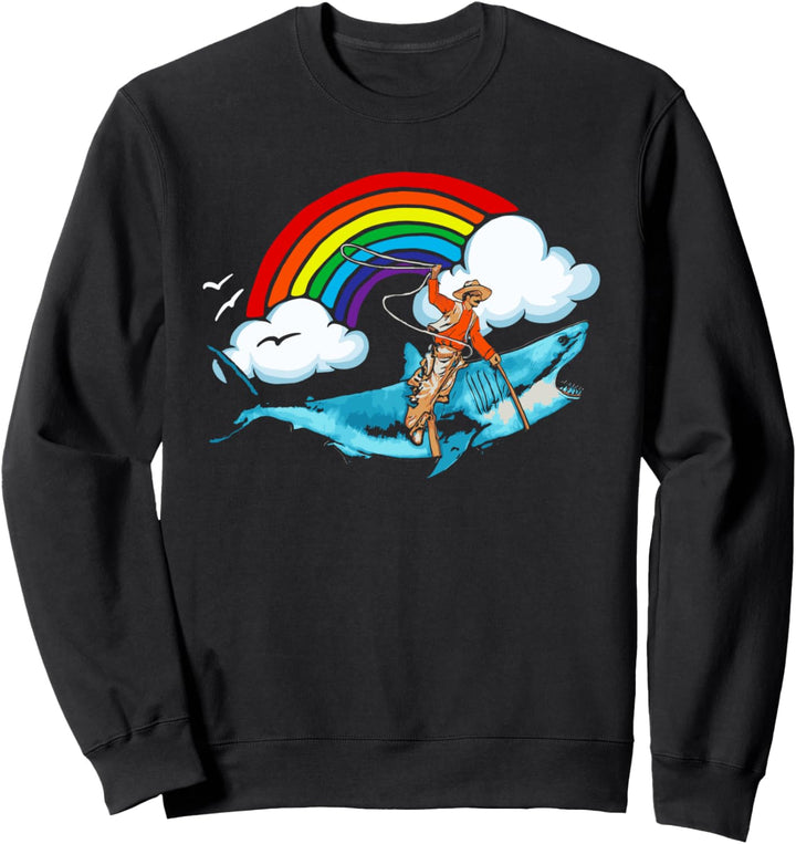 Shark Lover Rodeo Cowboy Riding Great White Rainbow Funny Sweatshirt