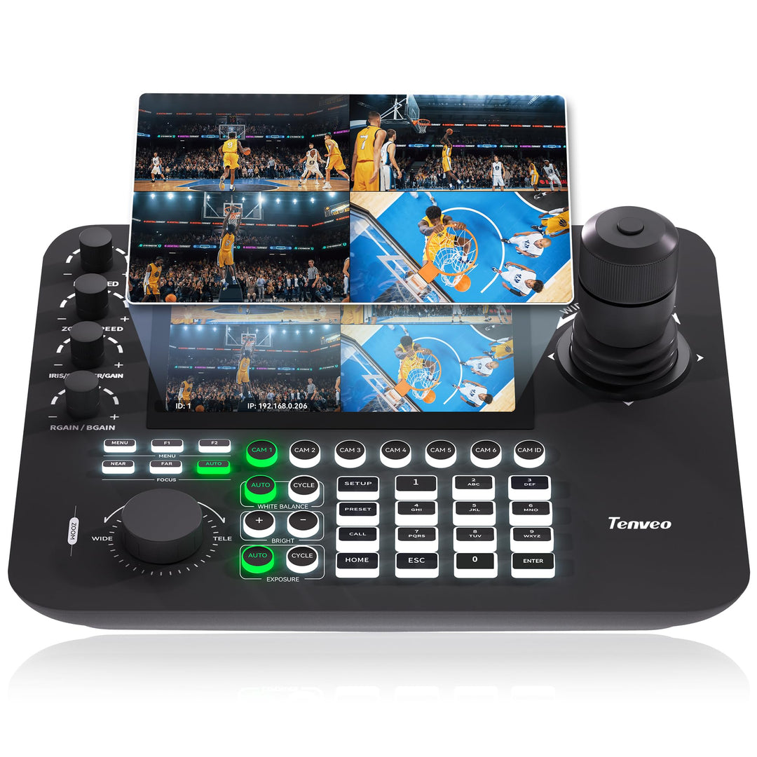 Tenveo NDI PTZ Kamera Joystick Controller, 7’’ LCD Quad-Screen Echtzeit-Vorschau, 4D Joystick Contro