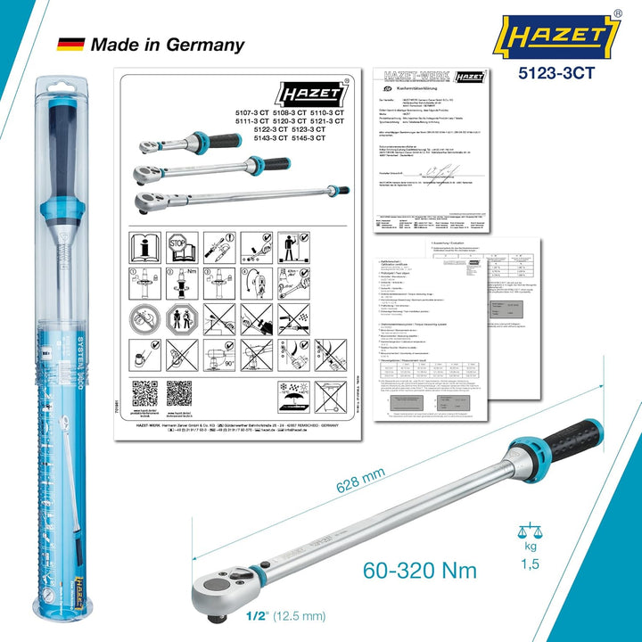 HAZET Drehmomentschlüssel 1/2 Zoll 5123-3CT, 60 – 320 Nm, Abtrieb: Vierkant 12,5 mm, Toleranz: 3 %,