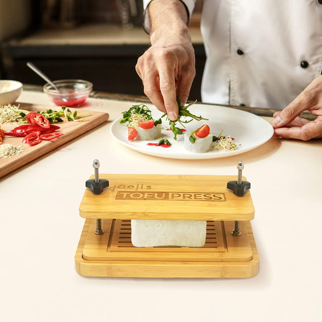 joeji's Kitchen Tofu Presse - Bambus Holz Tofupresse Mit Unterboden - Tofu-Sieb und Abtropfschale -