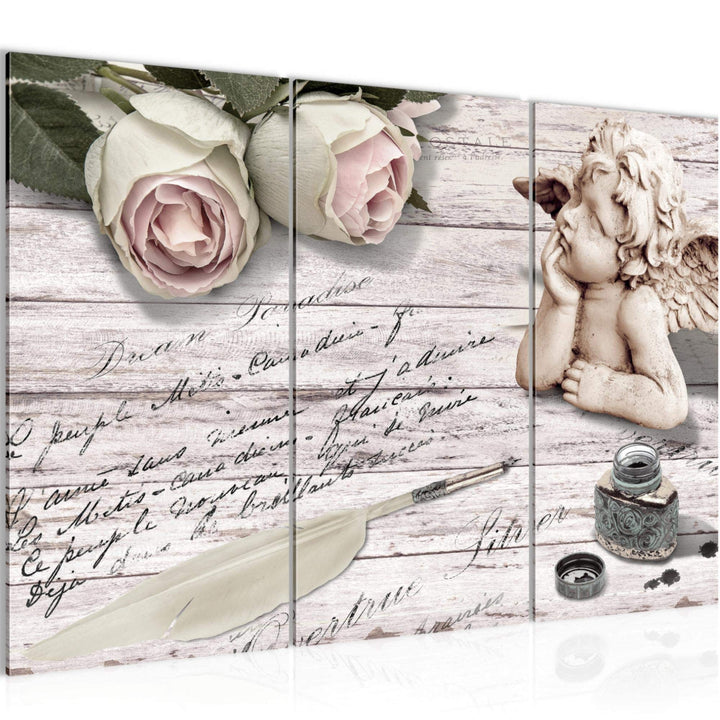Runa Art Wandbilder Engel Blumen Bild XXL Wohnzimmer Schlafzimmer Rosa Grau Holz 120 x 80 cm 3 Teili