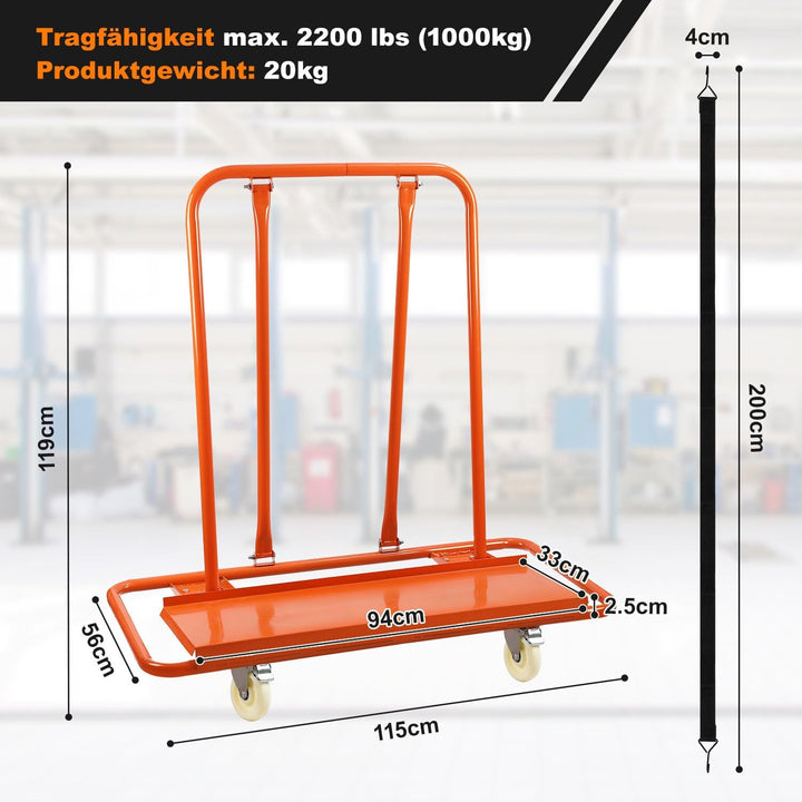 Plattenwagen 1000 kg, 4 Lenkrollen mit Bremsen, Spanngurt