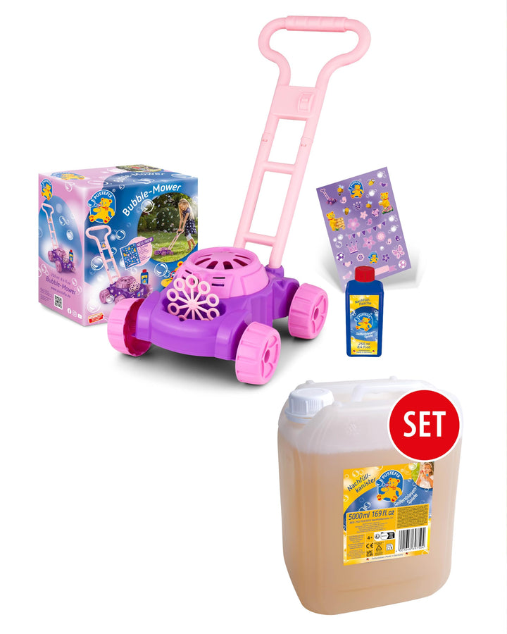 PUSTEFIX Bubble-Mower Rasenmäher Pink & 5L Nachfüllkanister I Lustiges Seifenblasen Kinder Set mit S