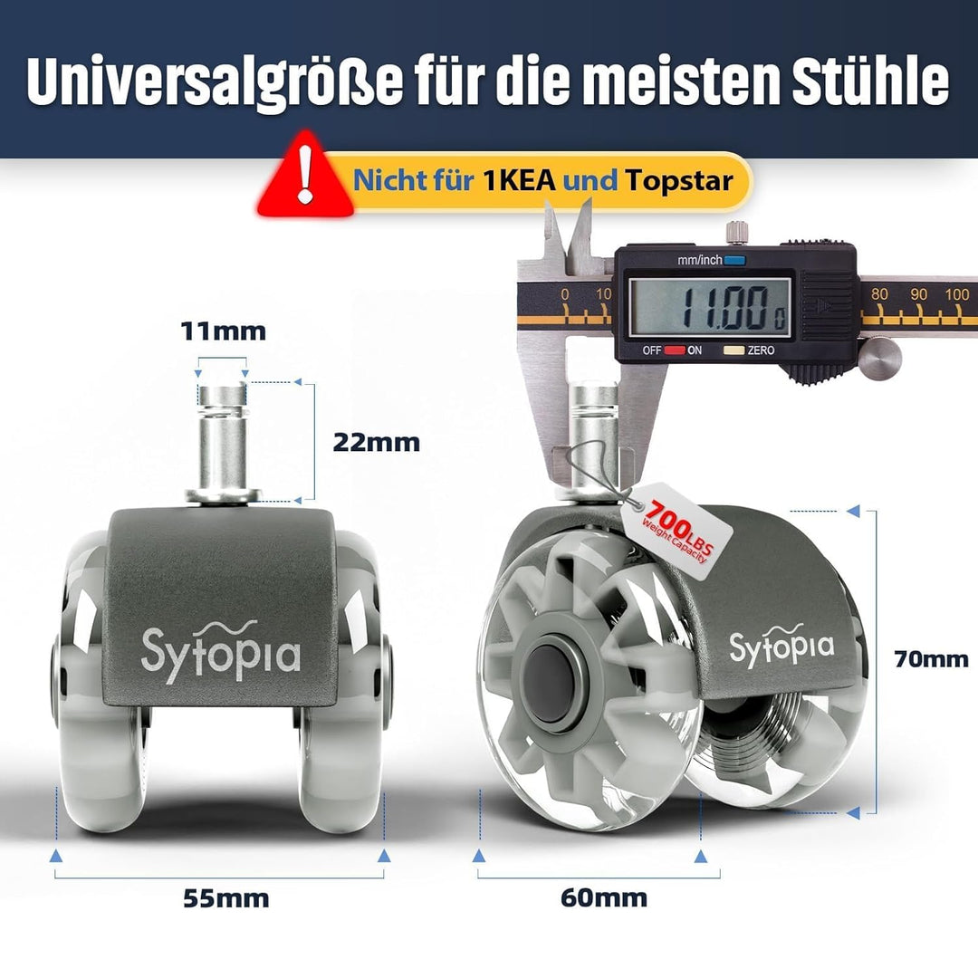 Sytopia Bürostuhl Rollen 70mm 5er Set, 11x22mm Rollen für Bürostühle, Hartboden, Parkett, Bodenschut