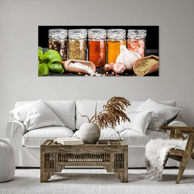 Wandbilder Dekoration Wohnzimmer Gewürze Knoblauch Holz Salz Panorama Bilder auf Leinwand 120x50cm L