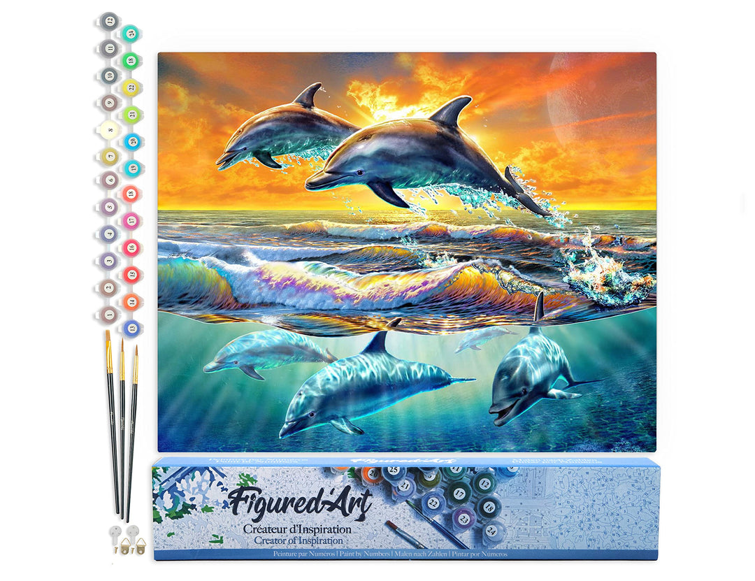 Figured'Art Malen Nach Zahlen Erwachsene Delfine im Sonnenuntergang - Paint by Numbers Basteln DIY B