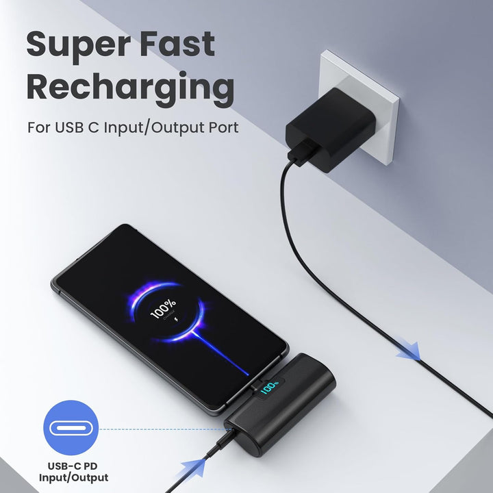 Mini Powerbank 5200mAh, Klein Power Bank USB C PD Externer Akku, Compact LCD Digitalanzeige Akkupack