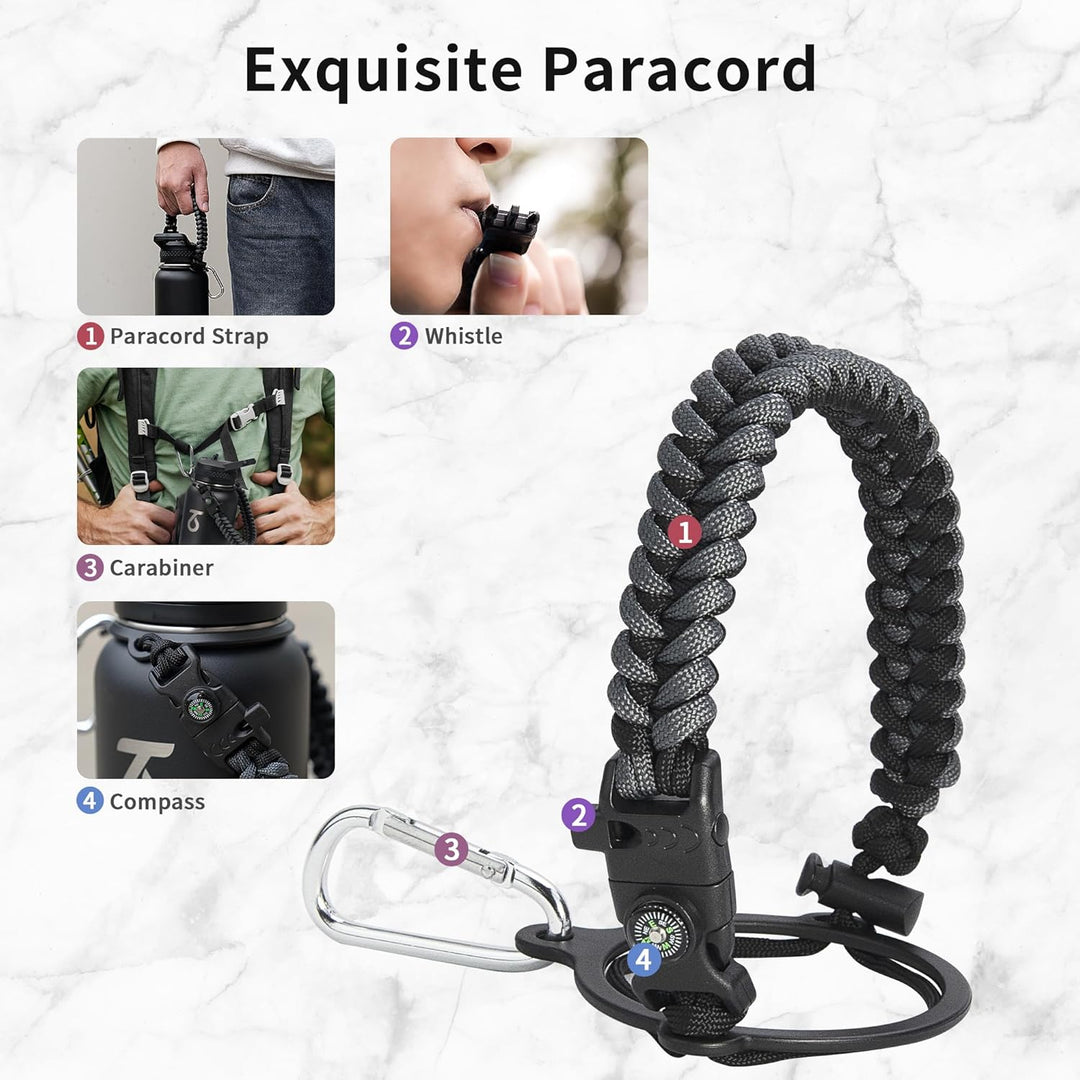 Trebo Isolierte Wasserflasche mit Paracord-Griff und 3 Deckeln, auslaufsicherer Vakuum-Wasserkrug au
