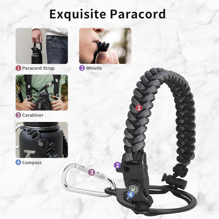 Trebo Isolierte Wasserflasche mit Paracord-Griff und 3 Deckeln, auslaufsicherer Vakuum-Wasserkrug au