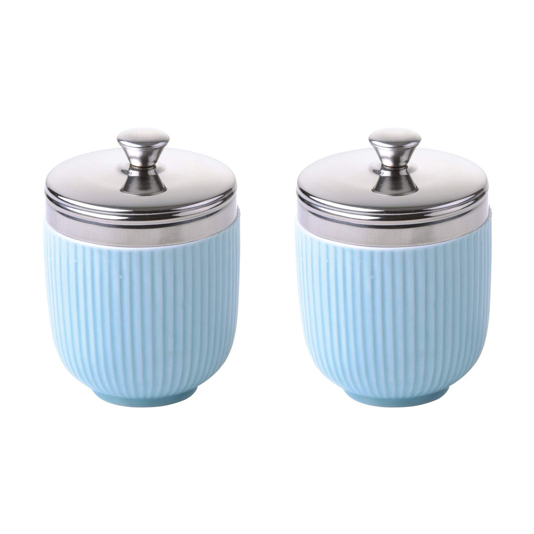 BIA - Eierkocher aus Porzellan I Set mit 2 Eierkochern in Celadonblau mit geprägtem geriffeltem Desi