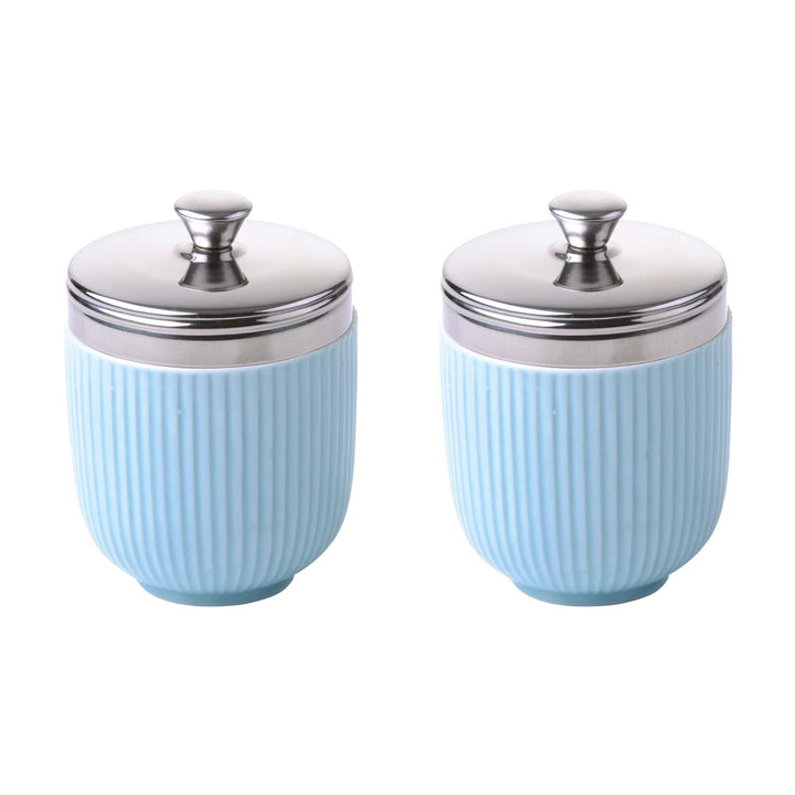 BIA - Eierkocher aus Porzellan I Set mit 2 Eierkochern in Celadonblau mit geprägtem geriffeltem Desi