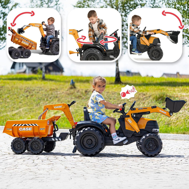 Falk - Bagger mit Pedalen Case CE mit Bagger und Kippanhänger – ab 3 Jahren Frontbagger und schwenkb