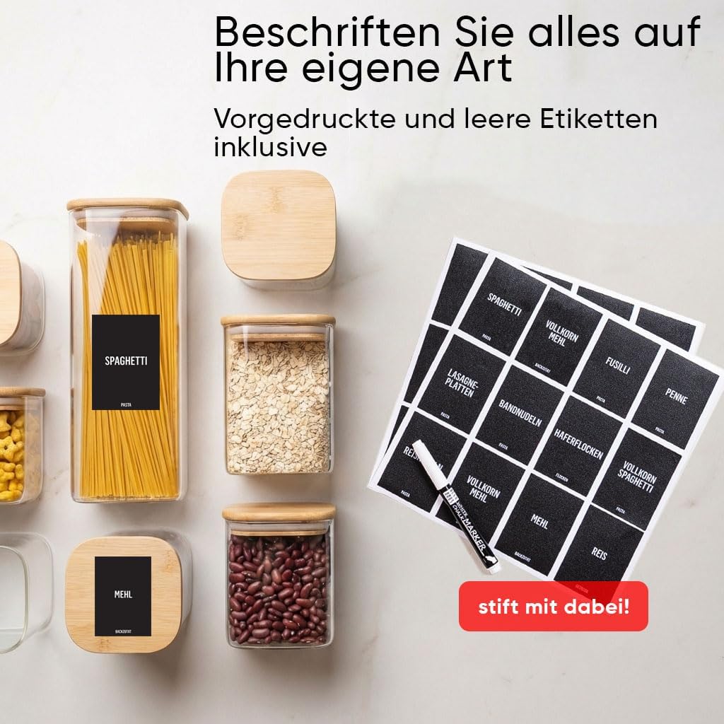 Deco haus® Vorratsgläser mit Deckel 4er Set + Etiketten [LUFTDICHT] - Für Müsli, Cornflakes, Spaghet
