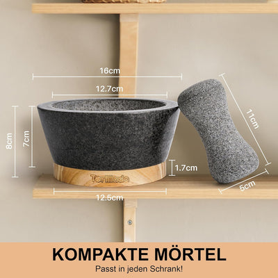 Tortillada - 16 cm XXL Mörser mit Stössel Holz Set gross aus Naturgranit mit kratzfestem Holzsockel