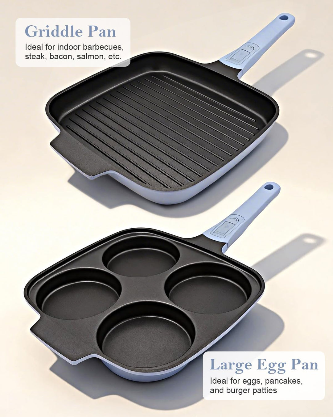Pfannenset 2-teilig, Spiegeleipfanne mit Deckel 4 Loch + Grillpfanne Induktion 26 x 24 cm, Abnehmbar