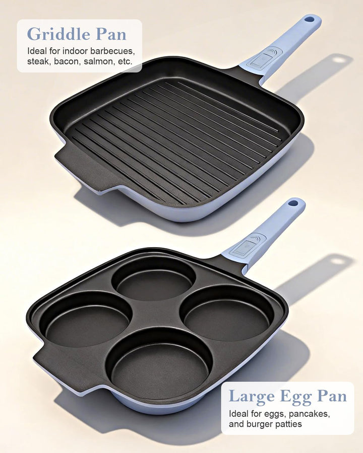 Pfannenset 2-teilig, Spiegeleipfanne mit Deckel 4 Loch + Grillpfanne Induktion 26 x 24 cm, Abnehmbar