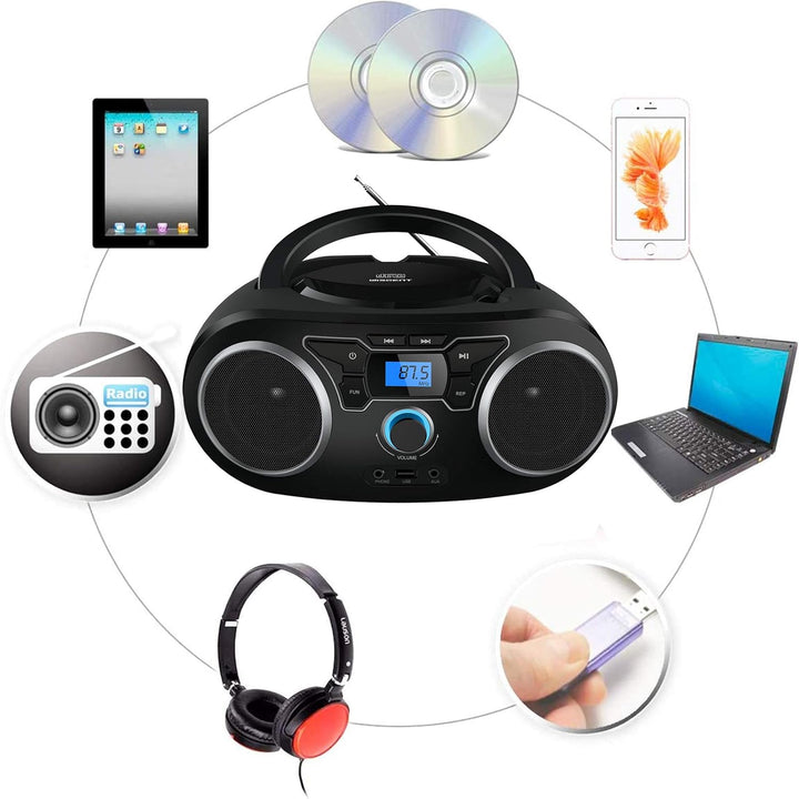 CD-Radio Tragbare CD-Player-Boombox mit Bluetooth- und FM-Radio, USB-Eingang und 3,5-mm-AUX-Kopfhöre