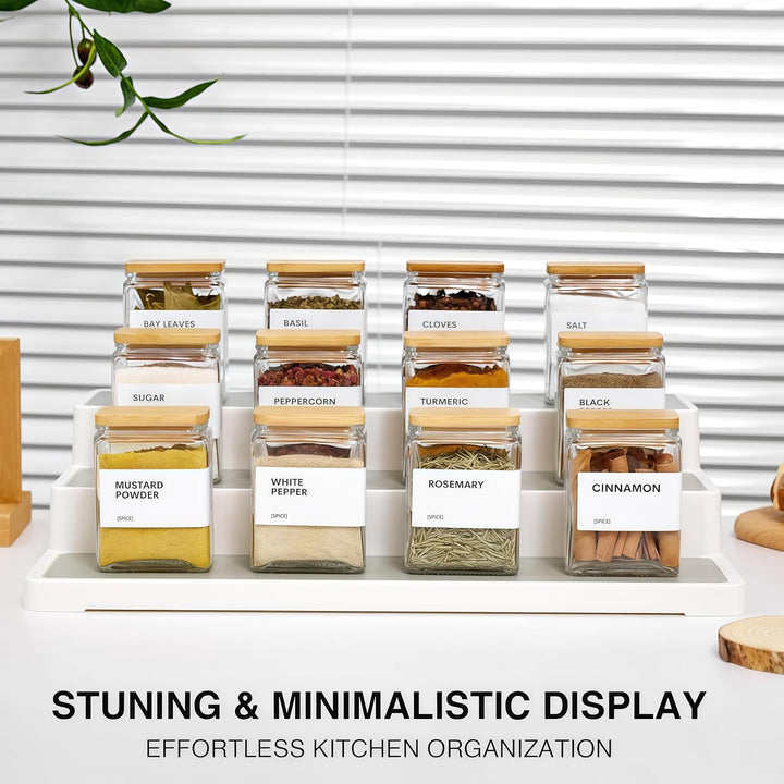 Gewürzgläser Eckig mit Holzdecke, [12x 120ml] + 88 Wasserfeste Etiketten - Gewürzdosen Set Glas - Ge
