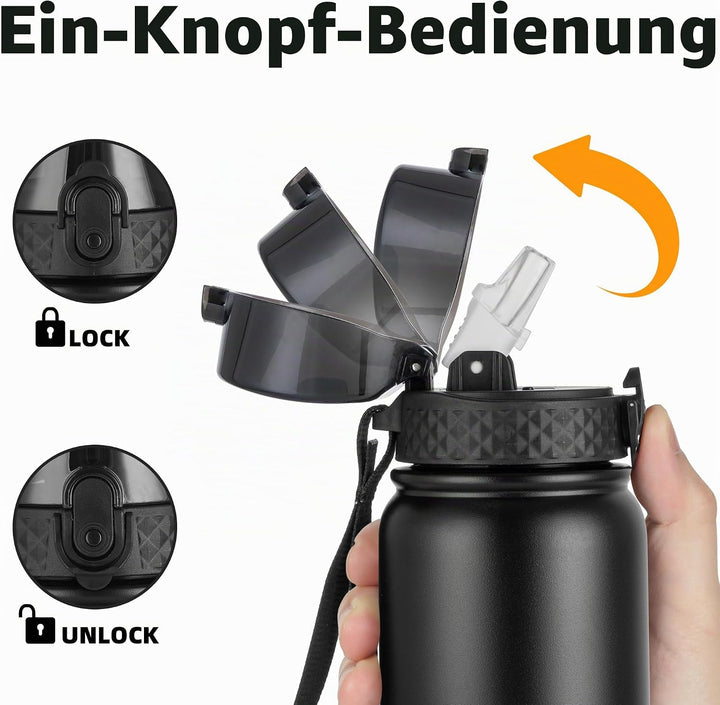 OLDLEY Edelstahl Trinkflasche mit Strohhalm, 1L Isolierte Trinkflasche, Thermosflasche BPA-freie - A