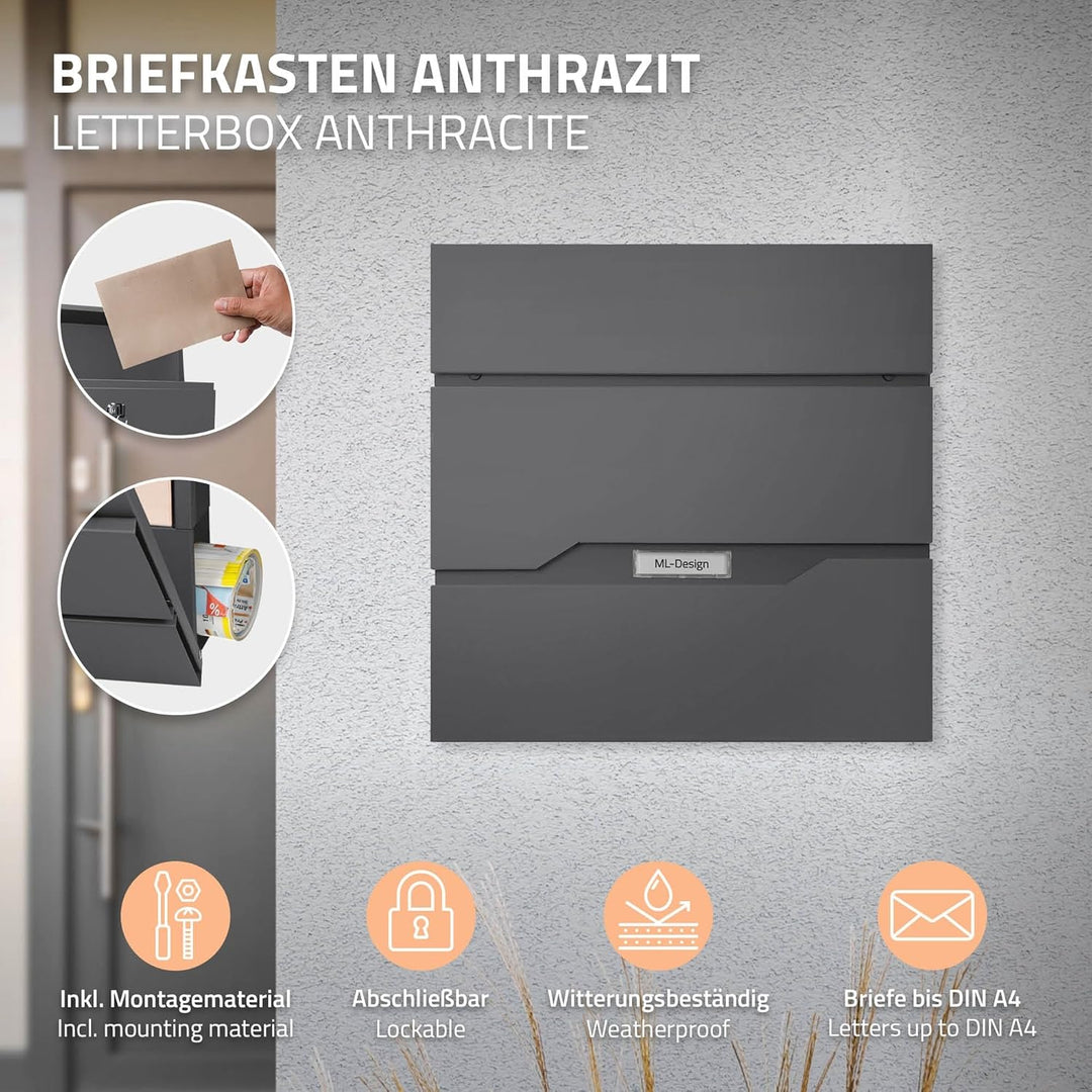 ECD Germany Briefkasten mit Zeitungsfach und Namensschild, aus Edelstahl pulverbeschichtet, Anthrazi