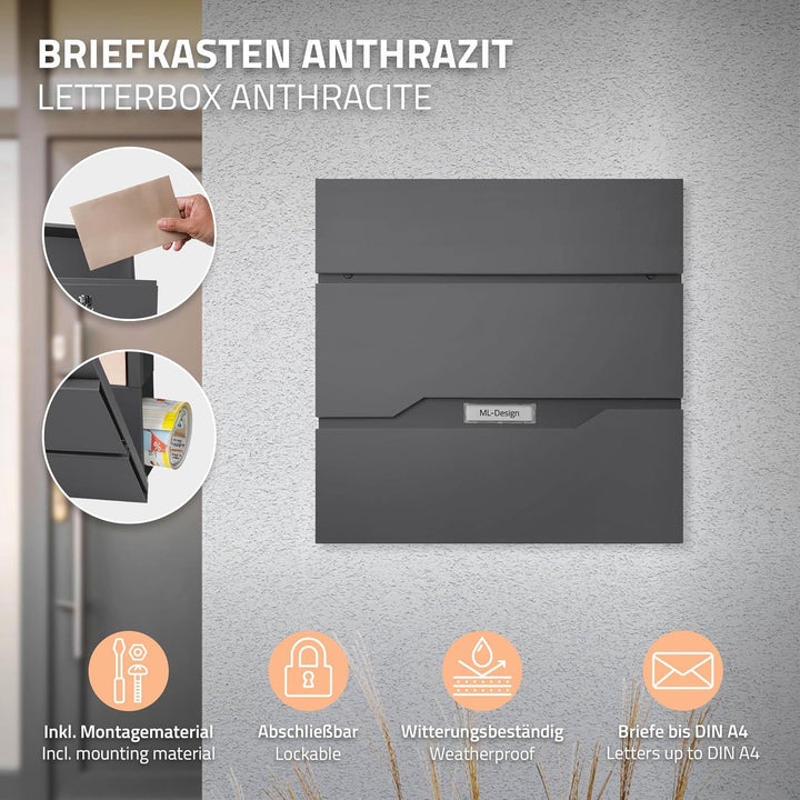 ECD Germany Briefkasten mit Zeitungsfach und Namensschild, aus Edelstahl pulverbeschichtet, Anthrazi
