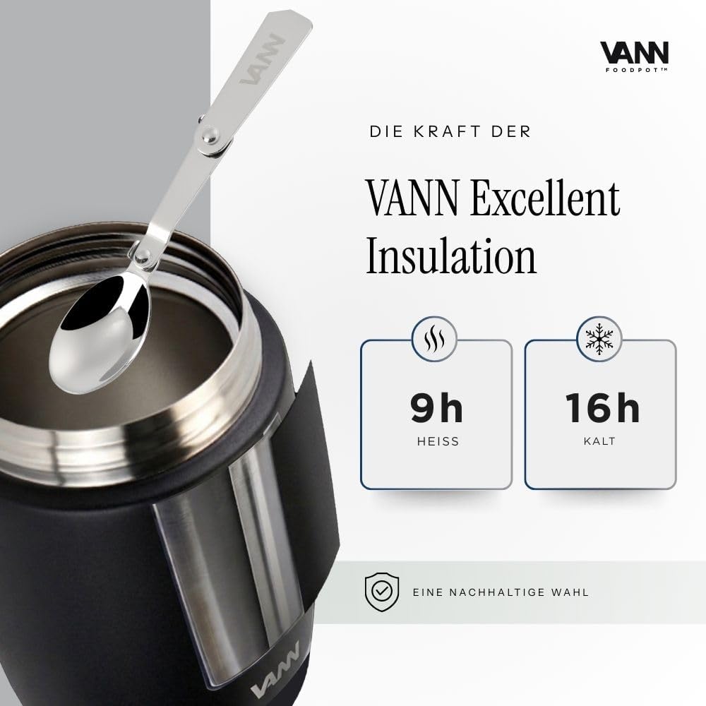 VANN Thermobecher für Essen 450 ml – Thermobehälter [16h kalt, 9h warm] – Recycelte Edelstahl Thermo