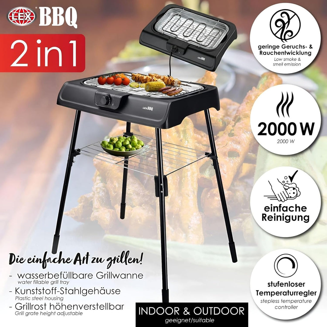 Elektrischer Tischgrill & Standgrill 2000W mit Edelstahl Grillrost | Balkongrill raucharm | Elektrog