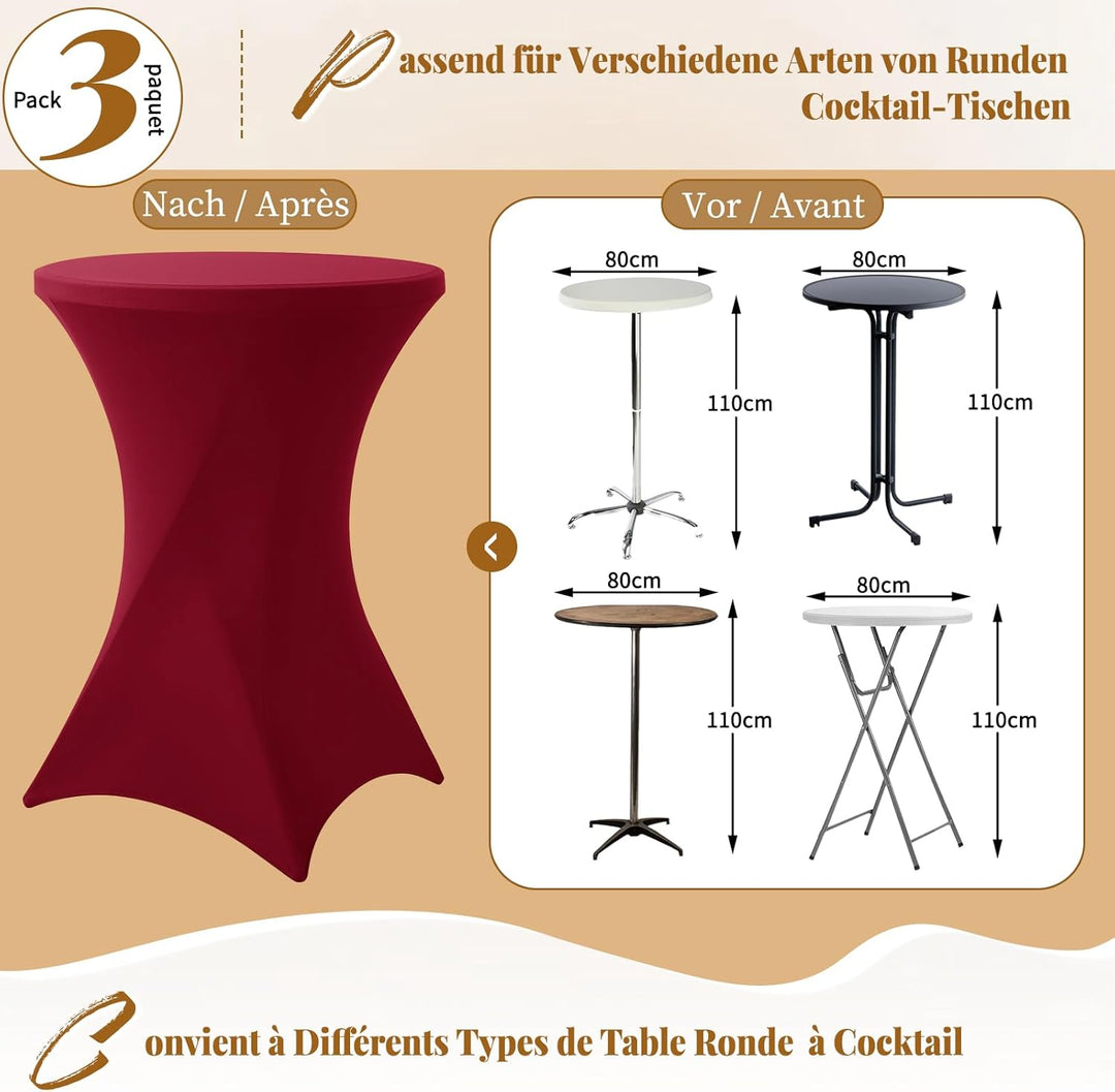 3er-Set Stretch Stehtisch Husse für Bistrotisch Burgunder Rot Ø80-85 cm Spandex Stretch Tischdecke,